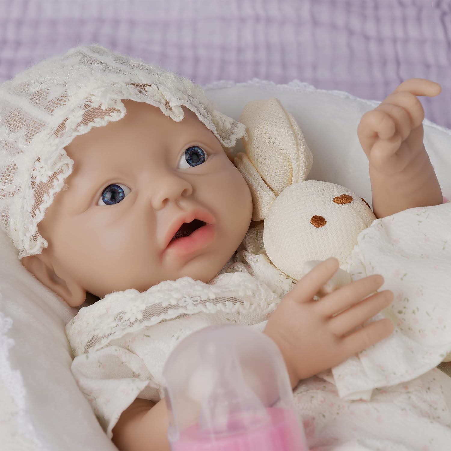 Full Body Silicone Reborn Baby Doll Newborn Baby Doll Open Mouth Handmade Blue Eyes Soft Baby Doll Girl (WG1554-11.4inch-1581g-Girl)