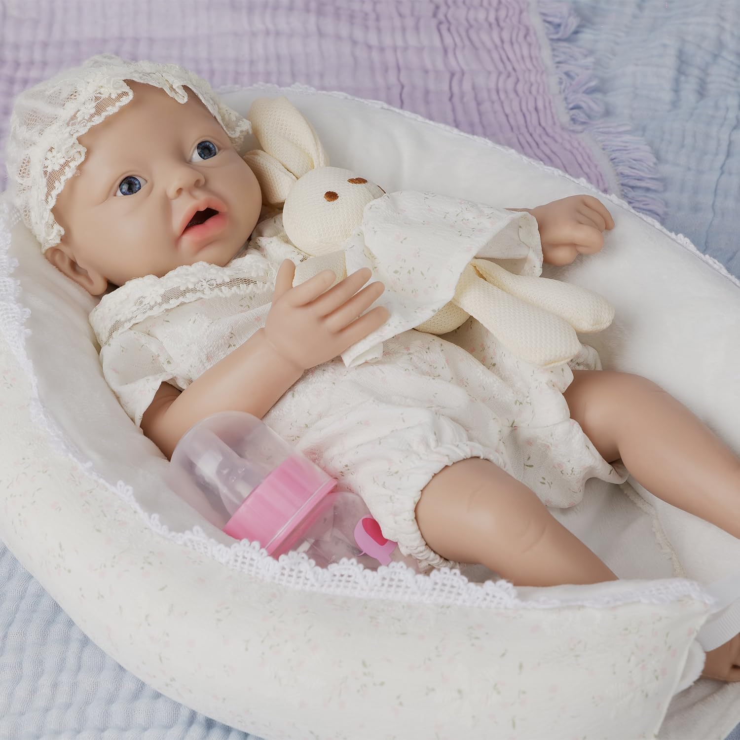 Full Body Silicone Reborn Baby Doll Newborn Baby Doll Open Mouth Handmade Blue Eyes Soft Baby Doll Girl (WG1554-11.4inch-1581g-Girl)